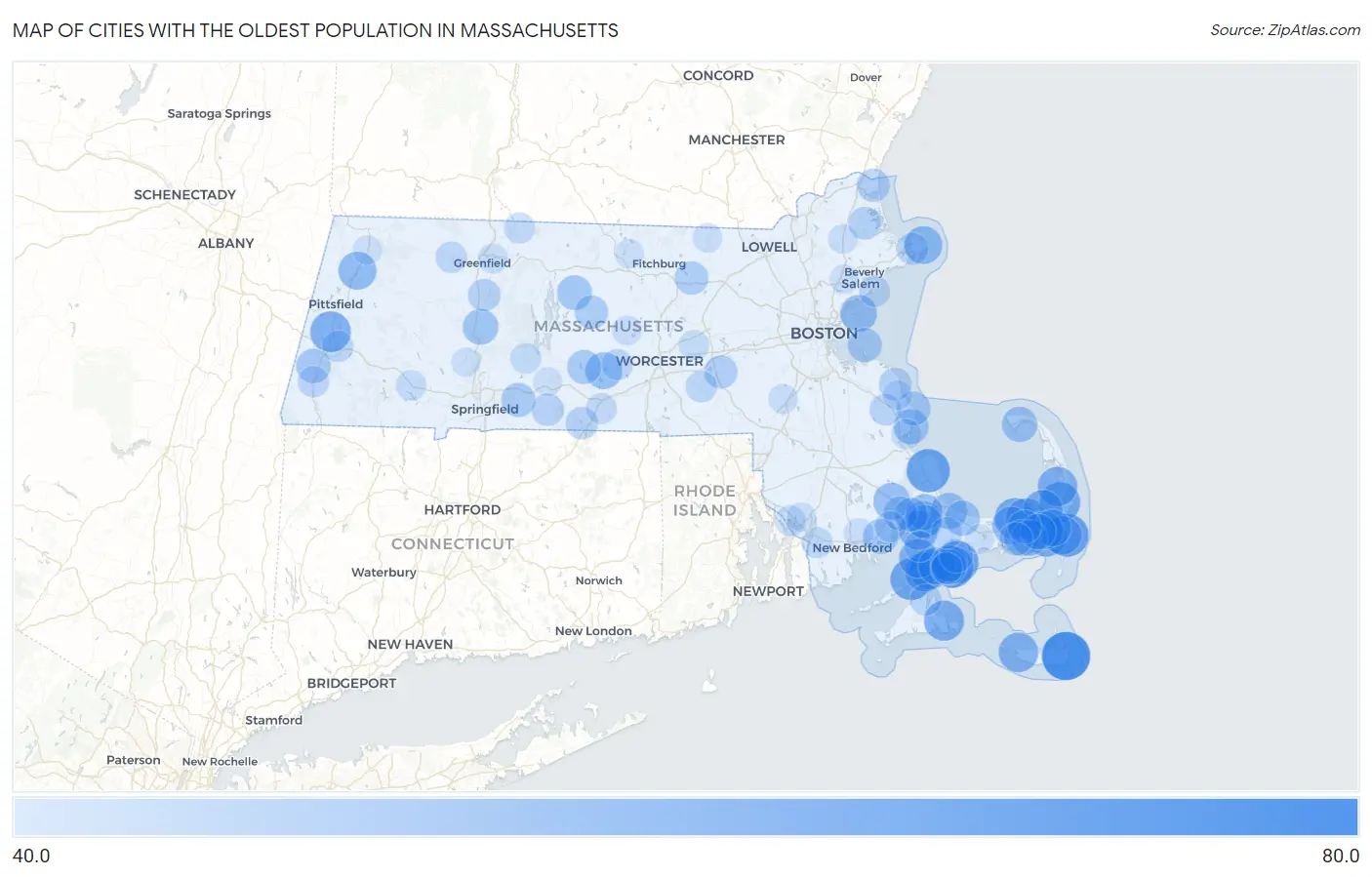 Cities with the Oldest Population in Massachusetts Map