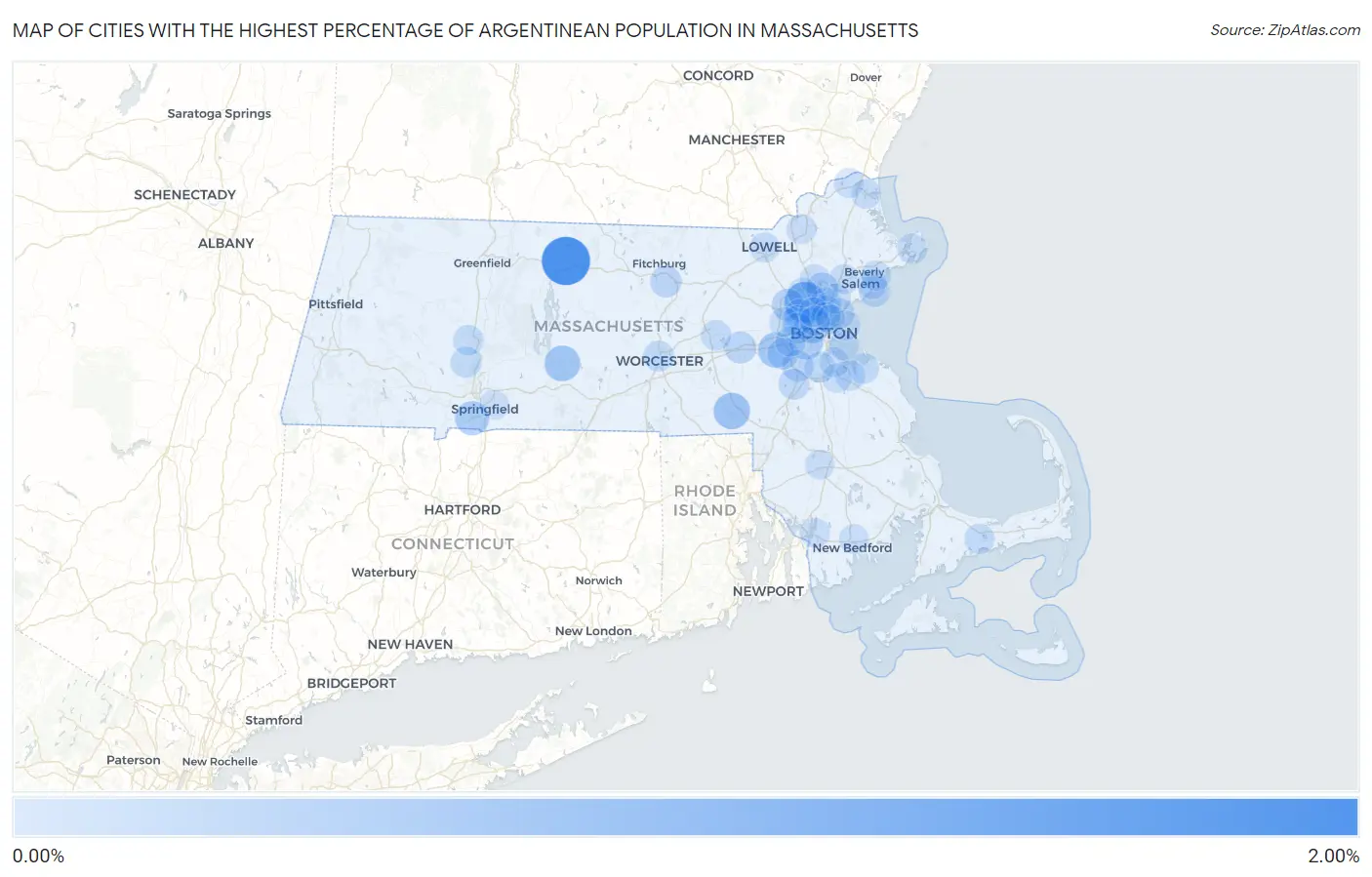 Cities with the Highest Percentage of Argentinean Population in Massachusetts Map