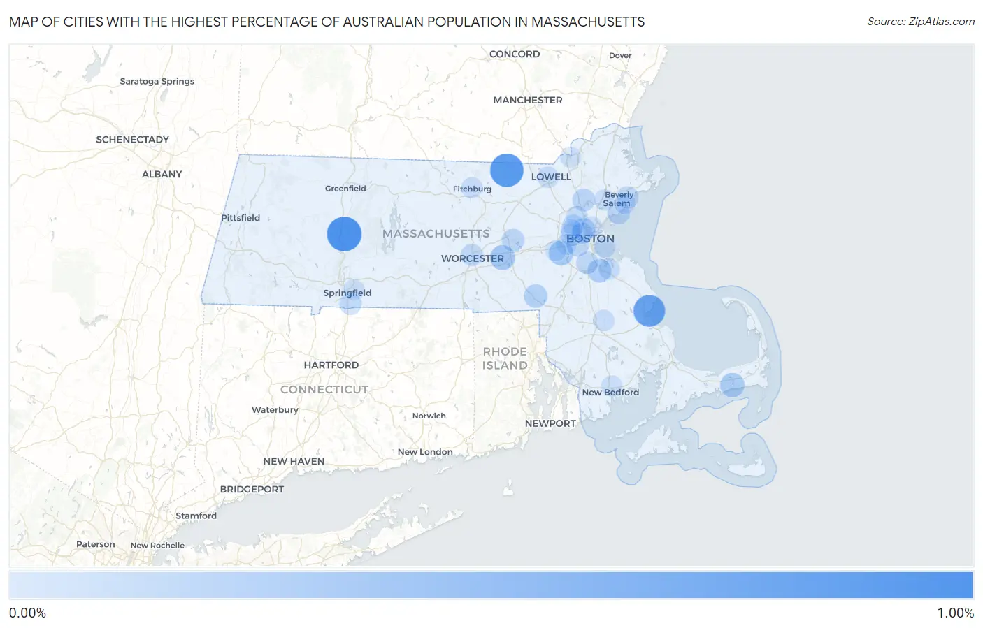 Cities with the Highest Percentage of Australian Population in Massachusetts Map