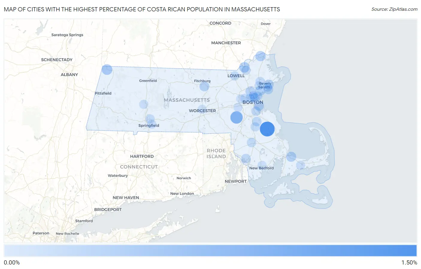 Cities with the Highest Percentage of Costa Rican Population in Massachusetts Map