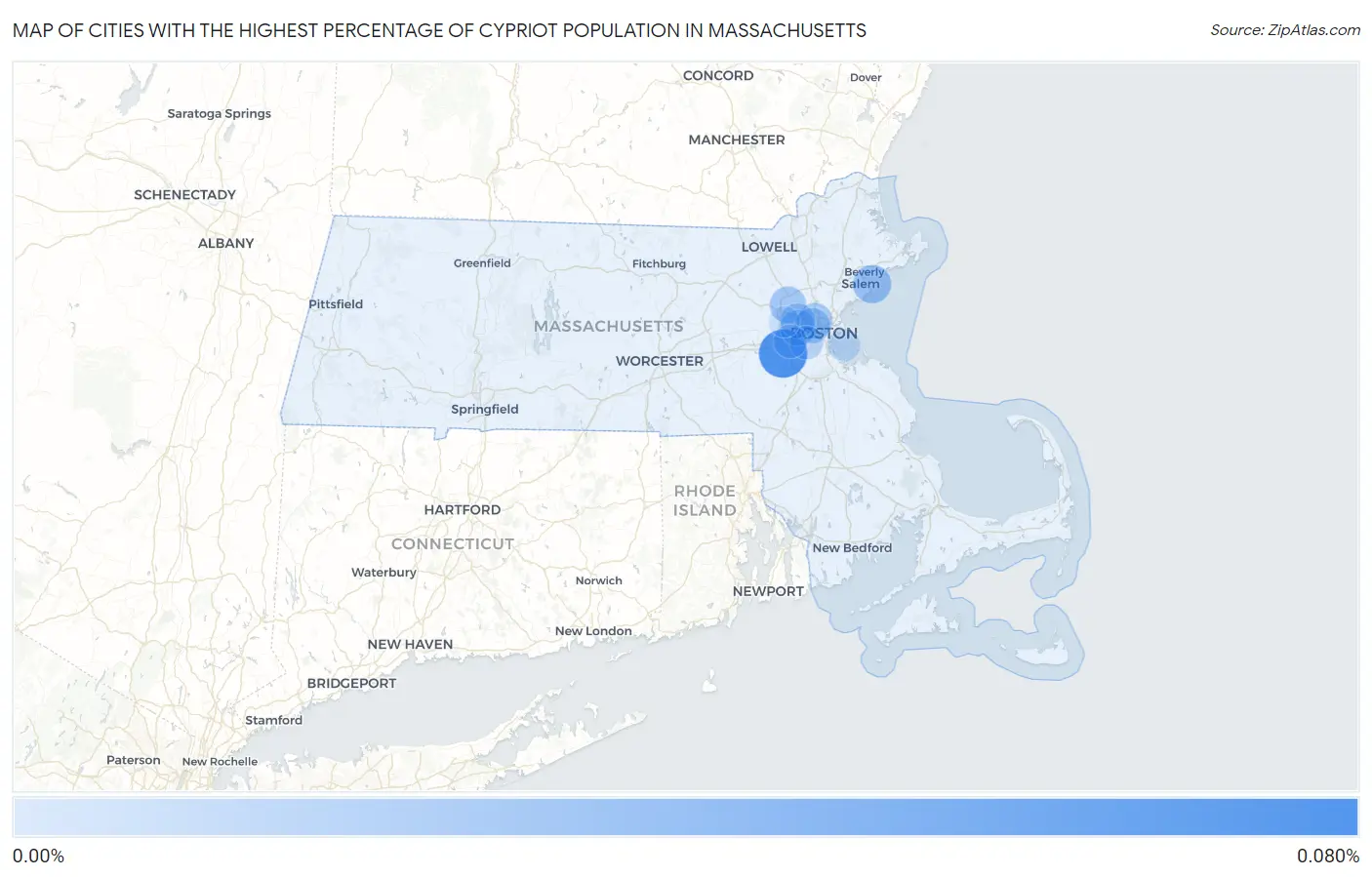 Cities with the Highest Percentage of Cypriot Population in Massachusetts Map
