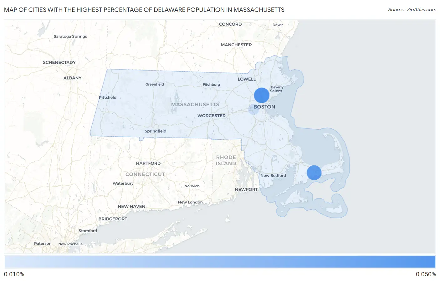 Cities with the Highest Percentage of Delaware Population in Massachusetts Map