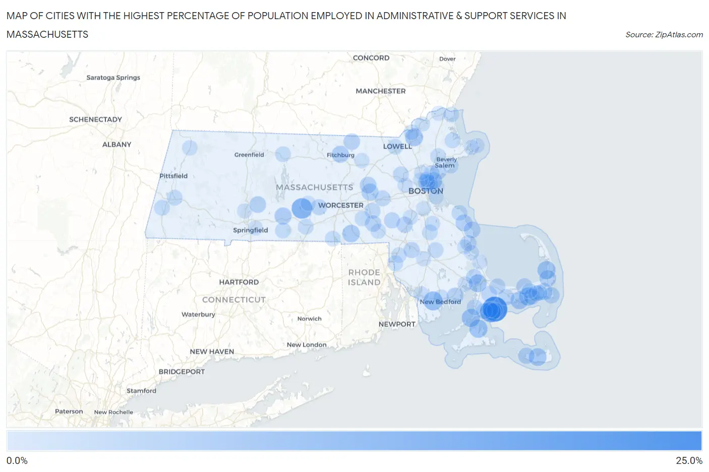 Cities with the Highest Percentage of Population Employed in Administrative & Support Services in Massachusetts Map