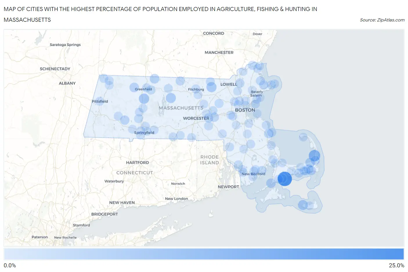 Cities with the Highest Percentage of Population Employed in Agriculture, Fishing & Hunting in Massachusetts Map