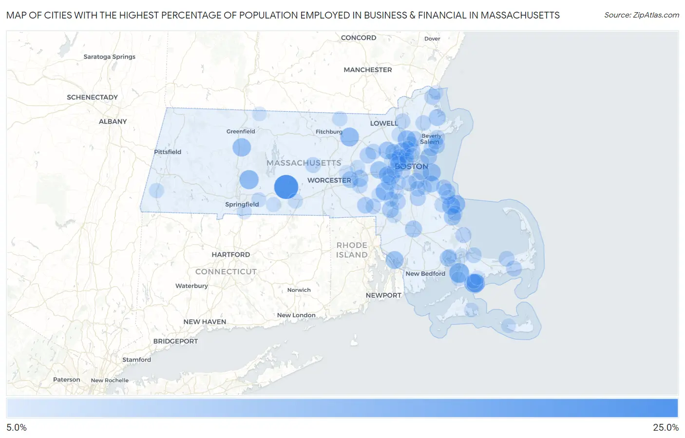Cities with the Highest Percentage of Population Employed in Business & Financial in Massachusetts Map