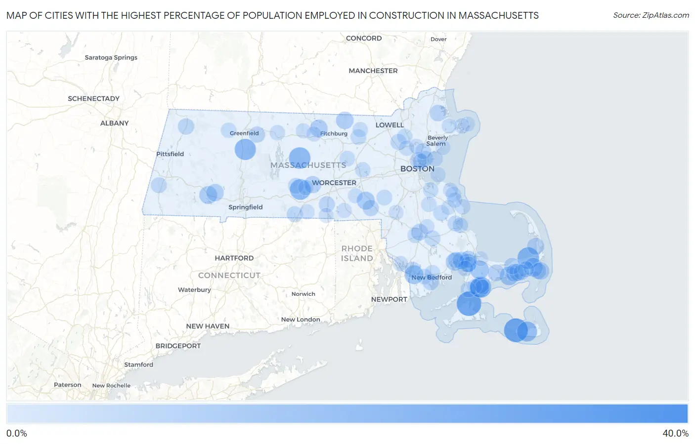 Cities with the Highest Percentage of Population Employed in Construction in Massachusetts Map