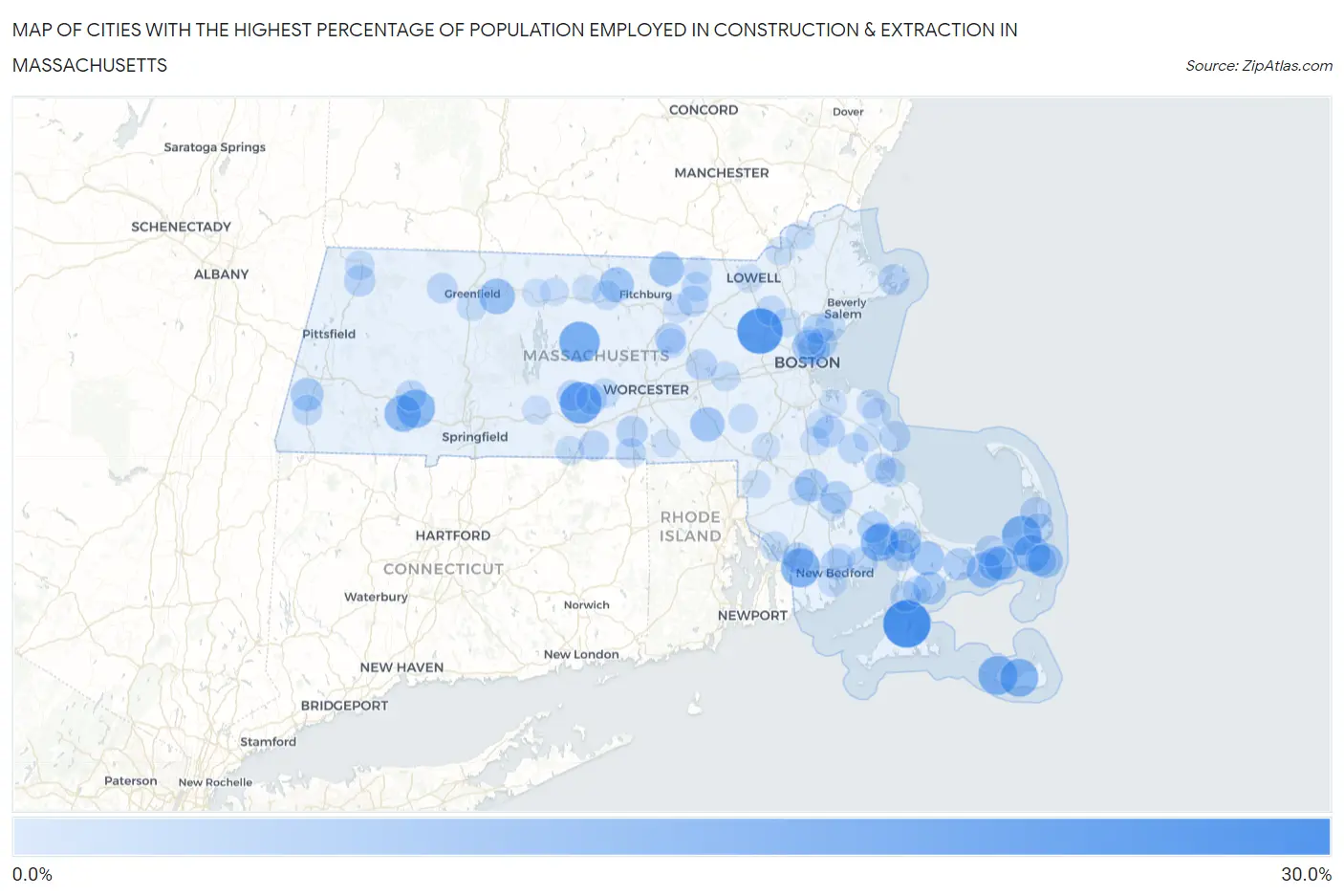 Cities with the Highest Percentage of Population Employed in Construction & Extraction in Massachusetts Map