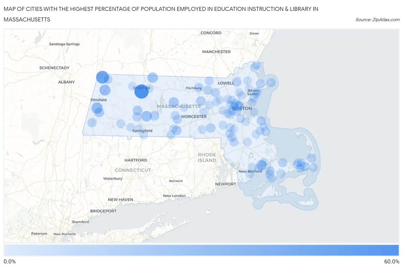 Cities with the Highest Percentage of Population Employed in Education Instruction & Library in Massachusetts Map