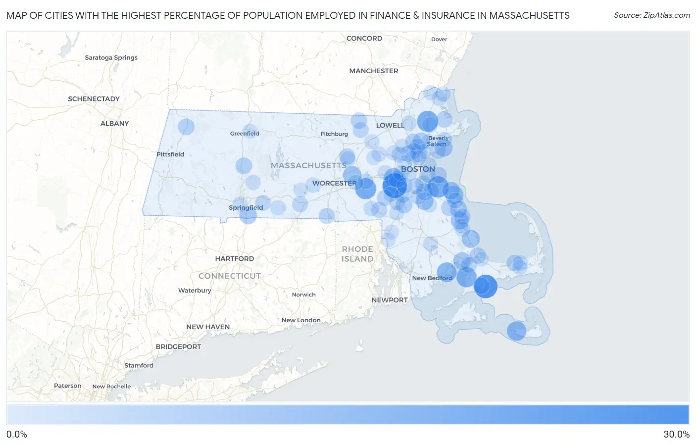 Cities with the Highest Percentage of Population Employed in Finance & Insurance in Massachusetts Map