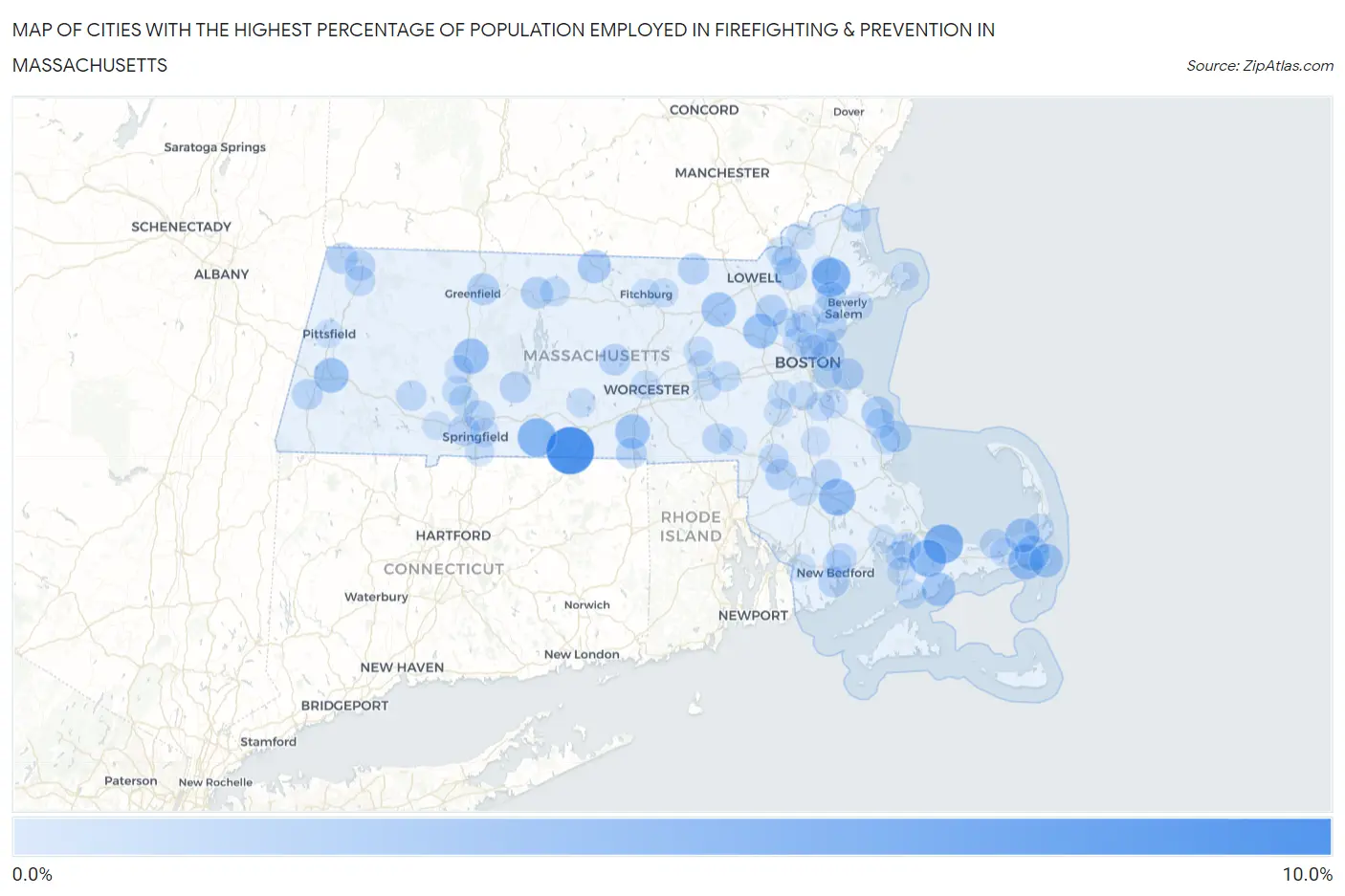 Cities with the Highest Percentage of Population Employed in Firefighting & Prevention in Massachusetts Map