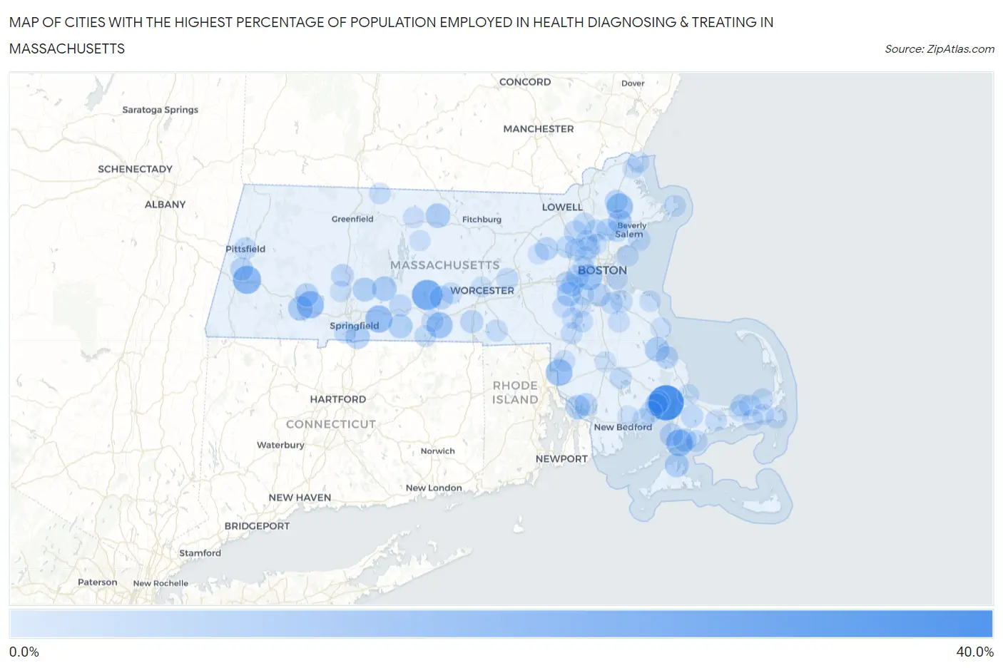 Cities with the Highest Percentage of Population Employed in Health Diagnosing & Treating in Massachusetts Map