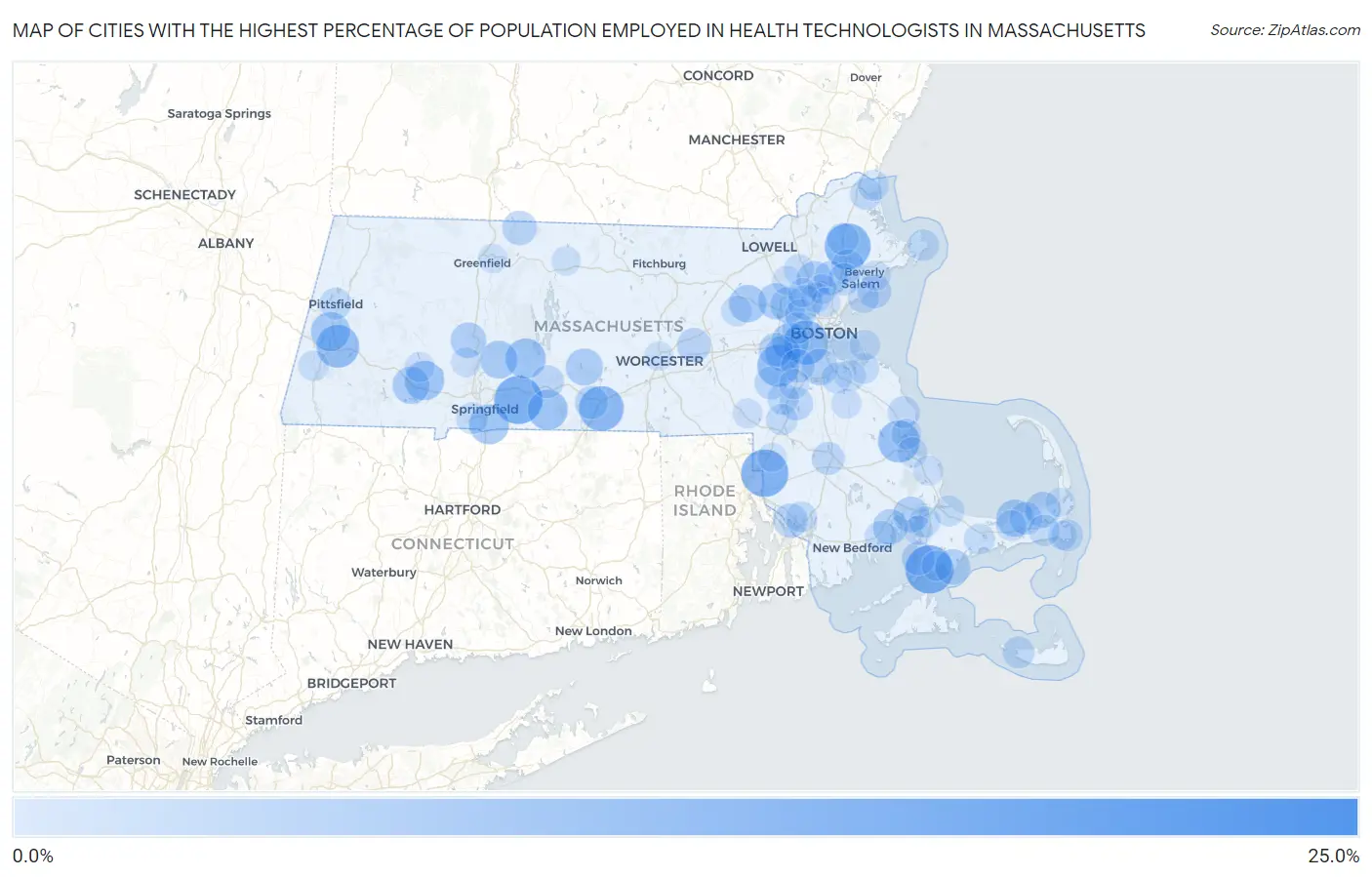 Cities with the Highest Percentage of Population Employed in Health Technologists in Massachusetts Map