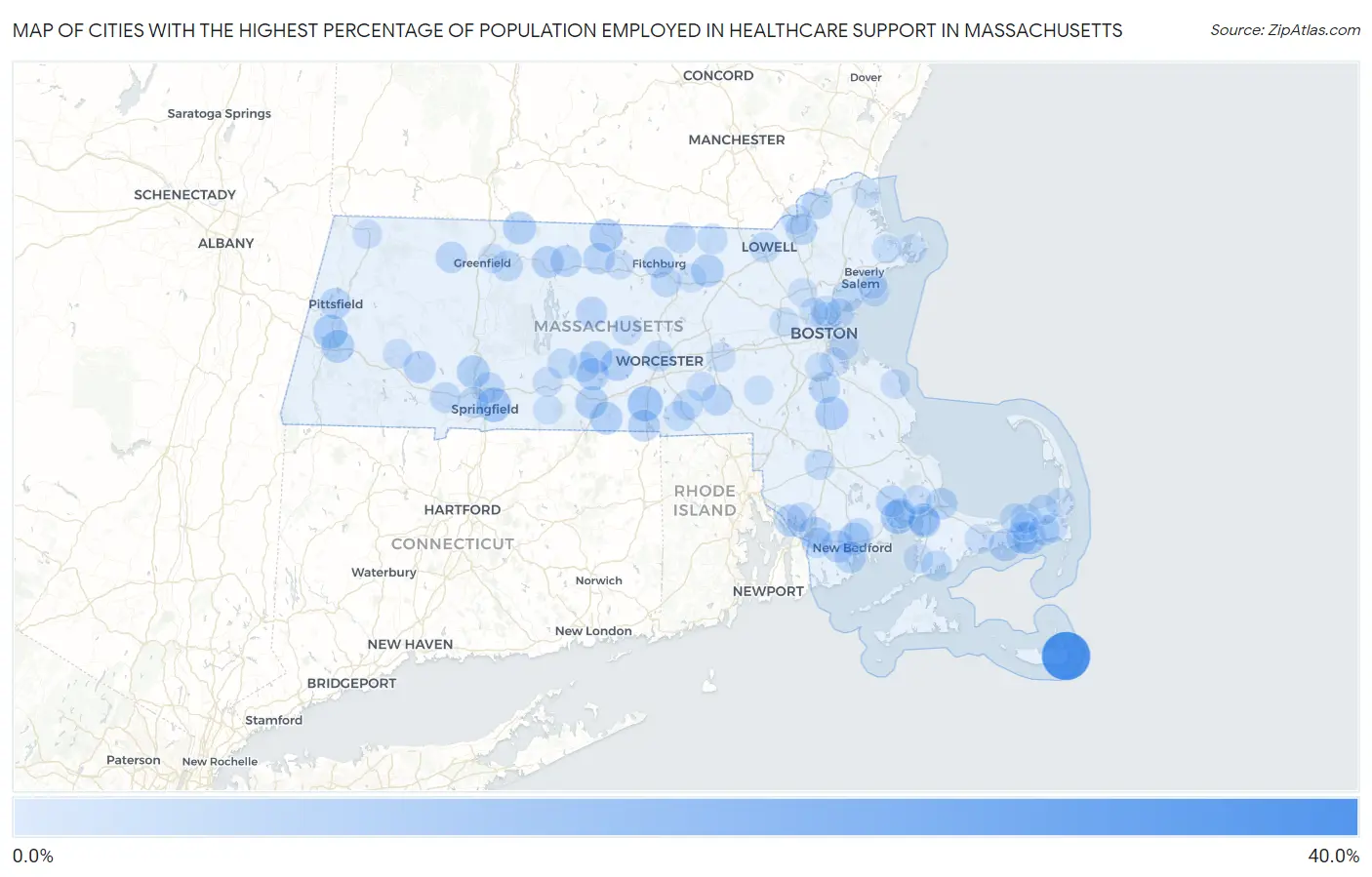Cities with the Highest Percentage of Population Employed in Healthcare Support in Massachusetts Map