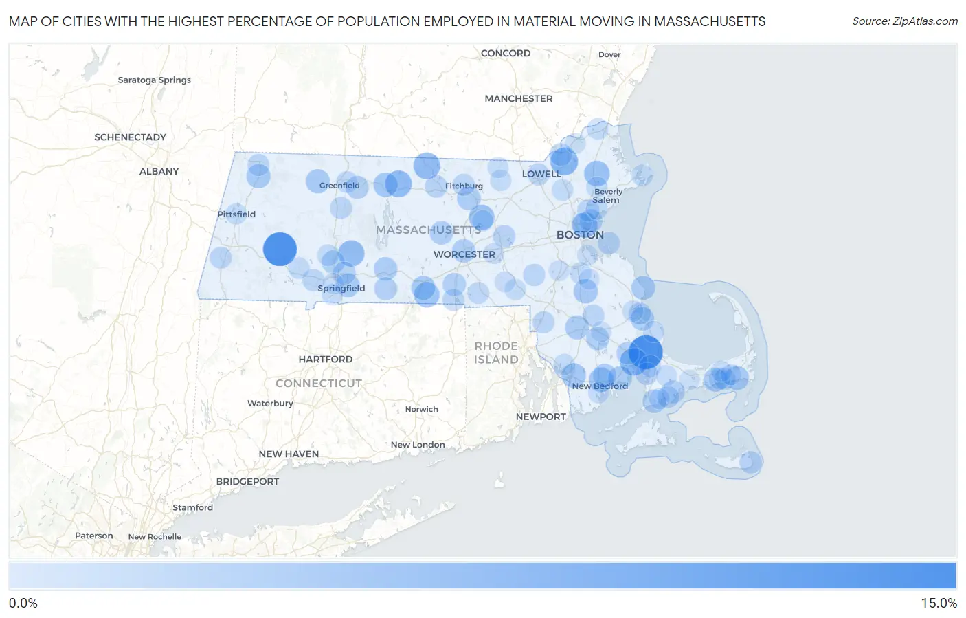 Cities with the Highest Percentage of Population Employed in Material Moving in Massachusetts Map