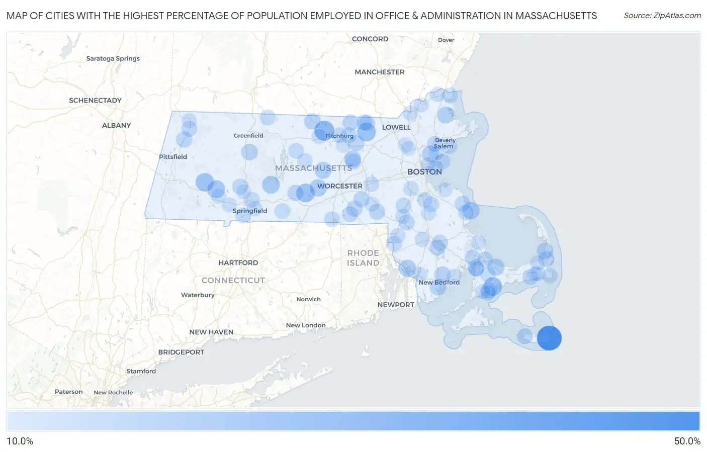 Cities with the Highest Percentage of Population Employed in Office & Administration in Massachusetts Map