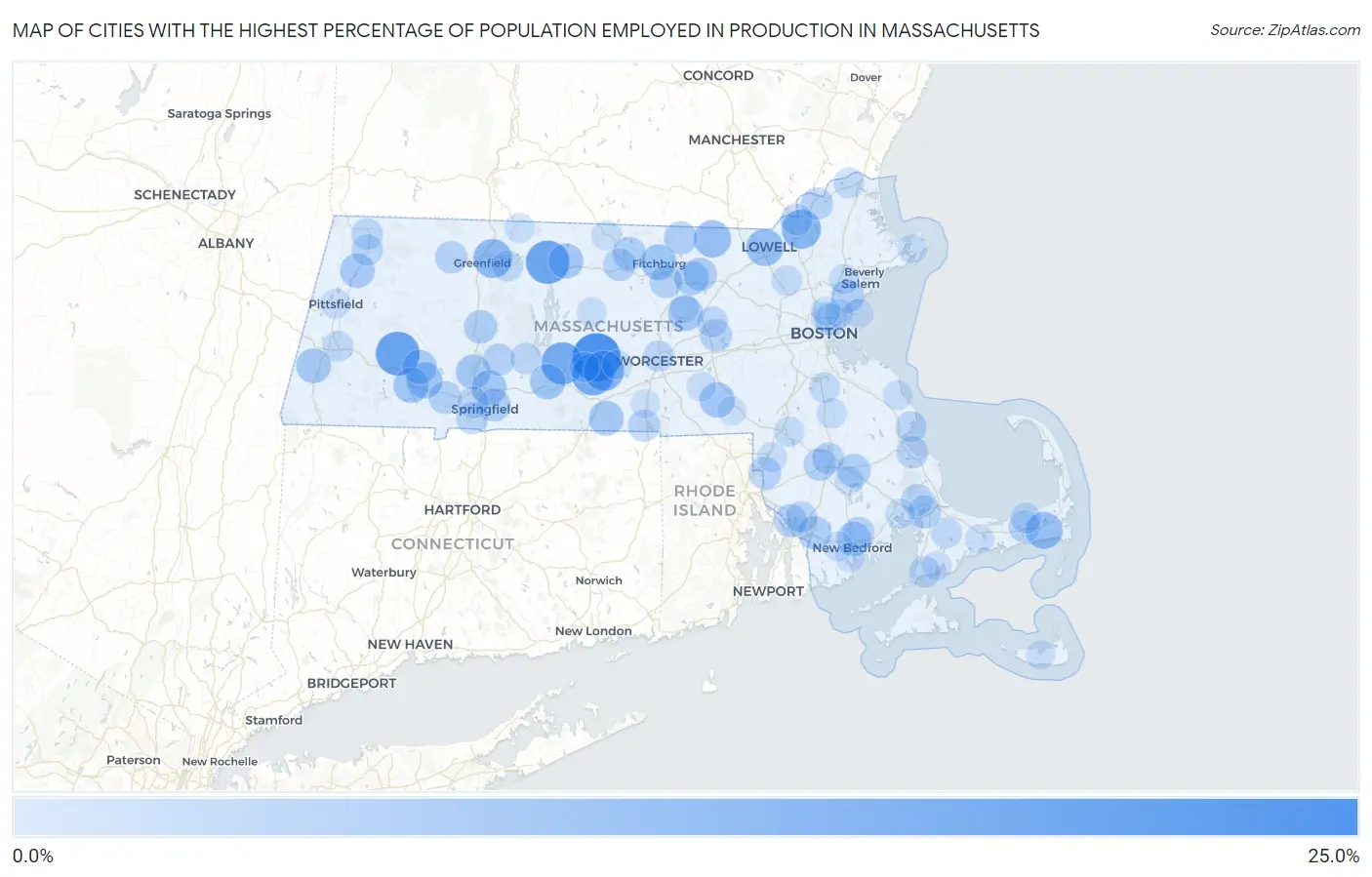 Cities with the Highest Percentage of Population Employed in Production in Massachusetts Map