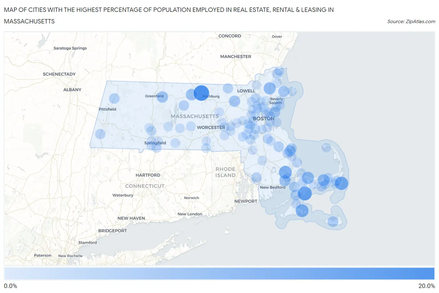 Cities with the Highest Percentage of Population Employed in Real Estate, Rental & Leasing in Massachusetts Map