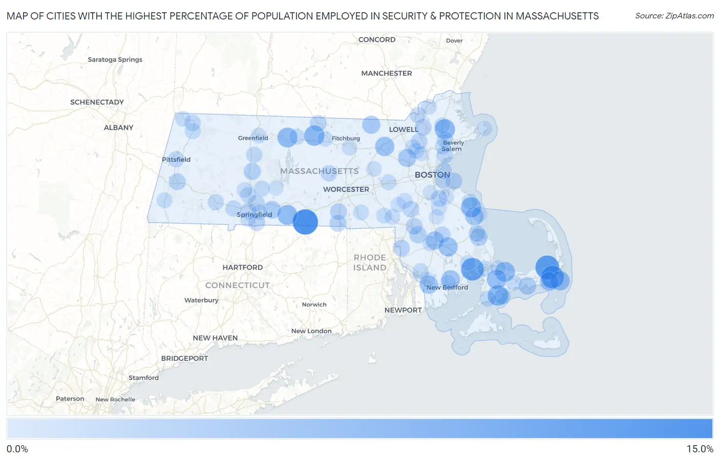 Cities with the Highest Percentage of Population Employed in Security & Protection in Massachusetts Map