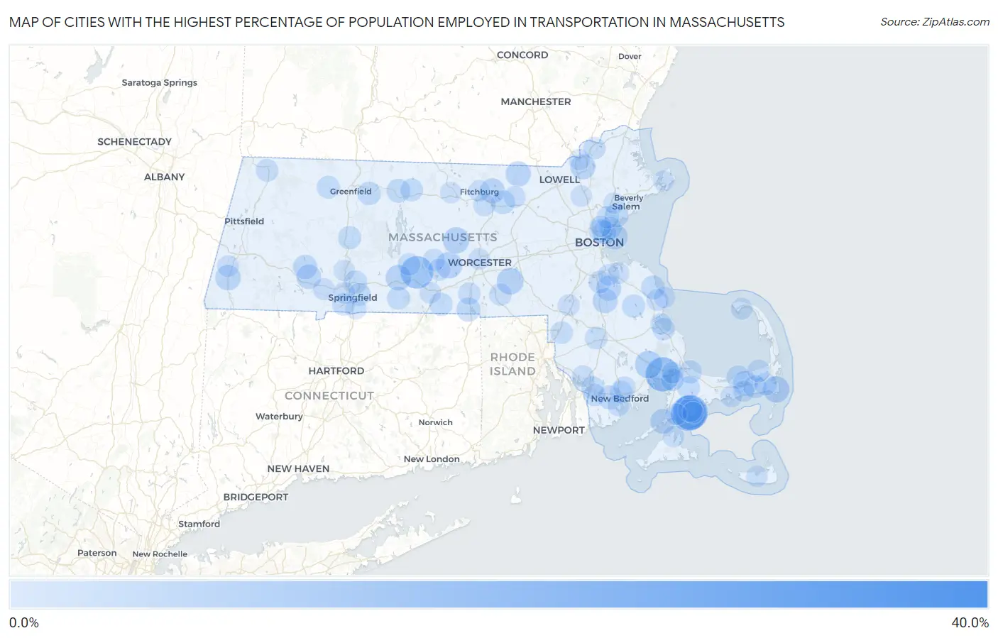 Cities with the Highest Percentage of Population Employed in Transportation in Massachusetts Map