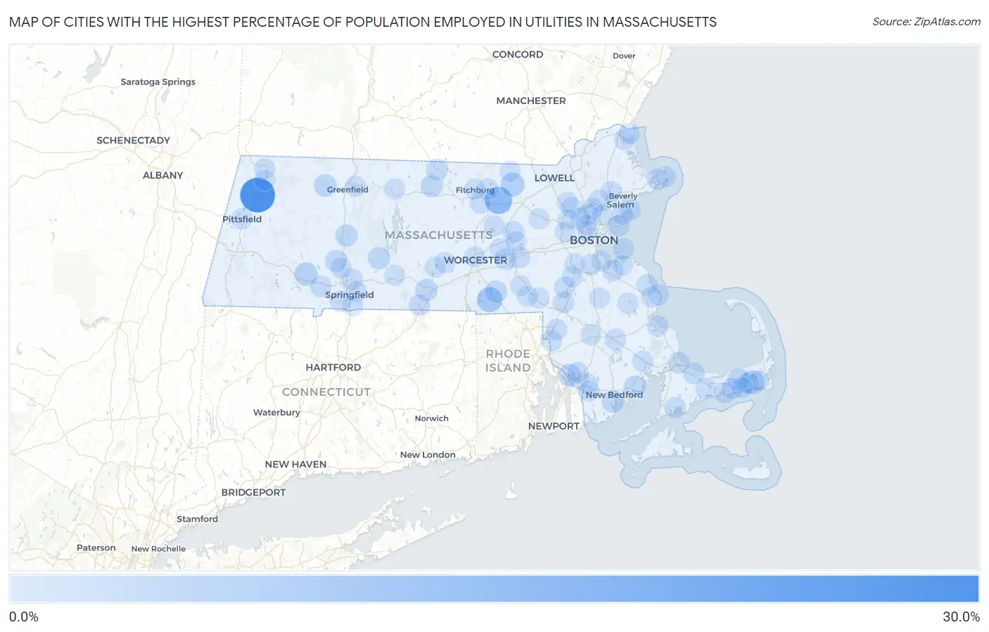 Cities with the Highest Percentage of Population Employed in Utilities in Massachusetts Map