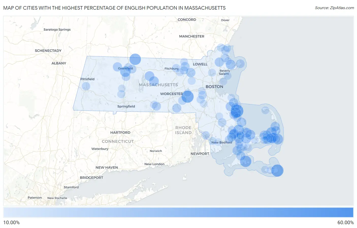 Cities with the Highest Percentage of English Population in Massachusetts Map