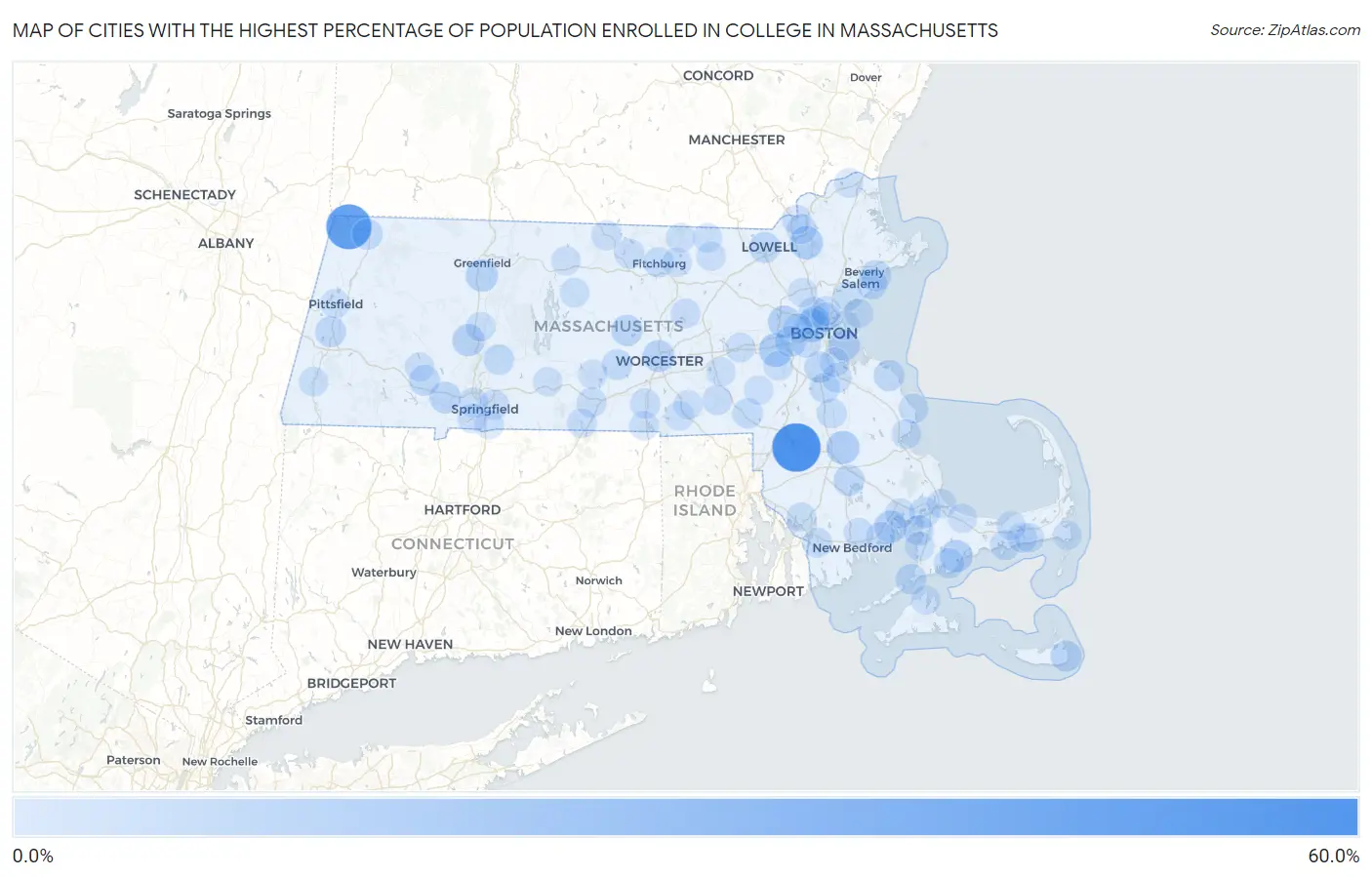Cities with the Highest Percentage of Population Enrolled in College in Massachusetts Map