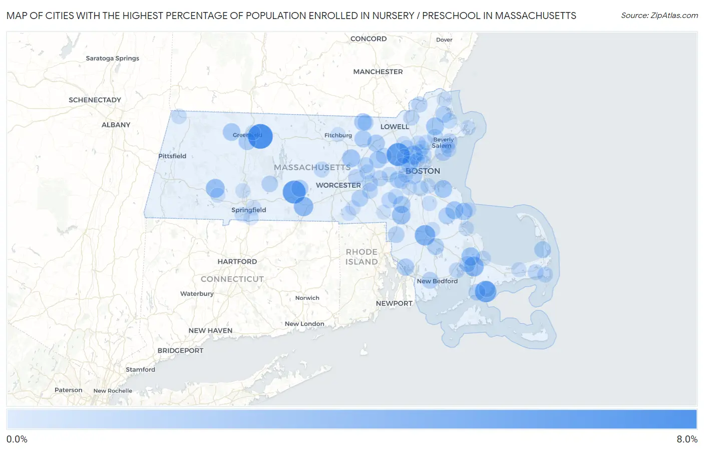 Cities with the Highest Percentage of Population Enrolled in Nursery / Preschool in Massachusetts Map