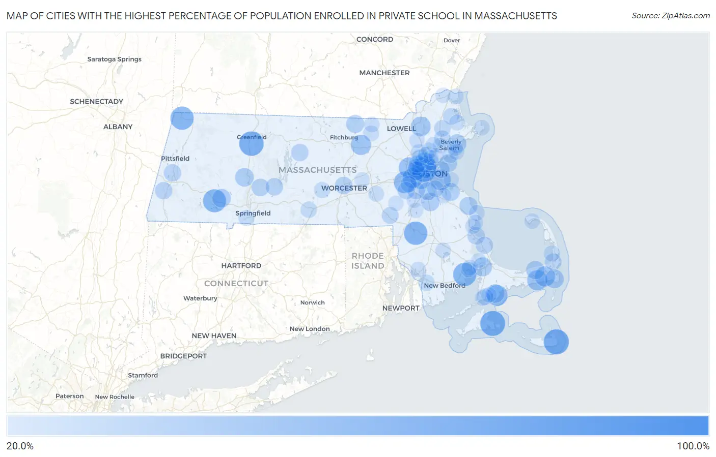Cities with the Highest Percentage of Population Enrolled in Private School in Massachusetts Map