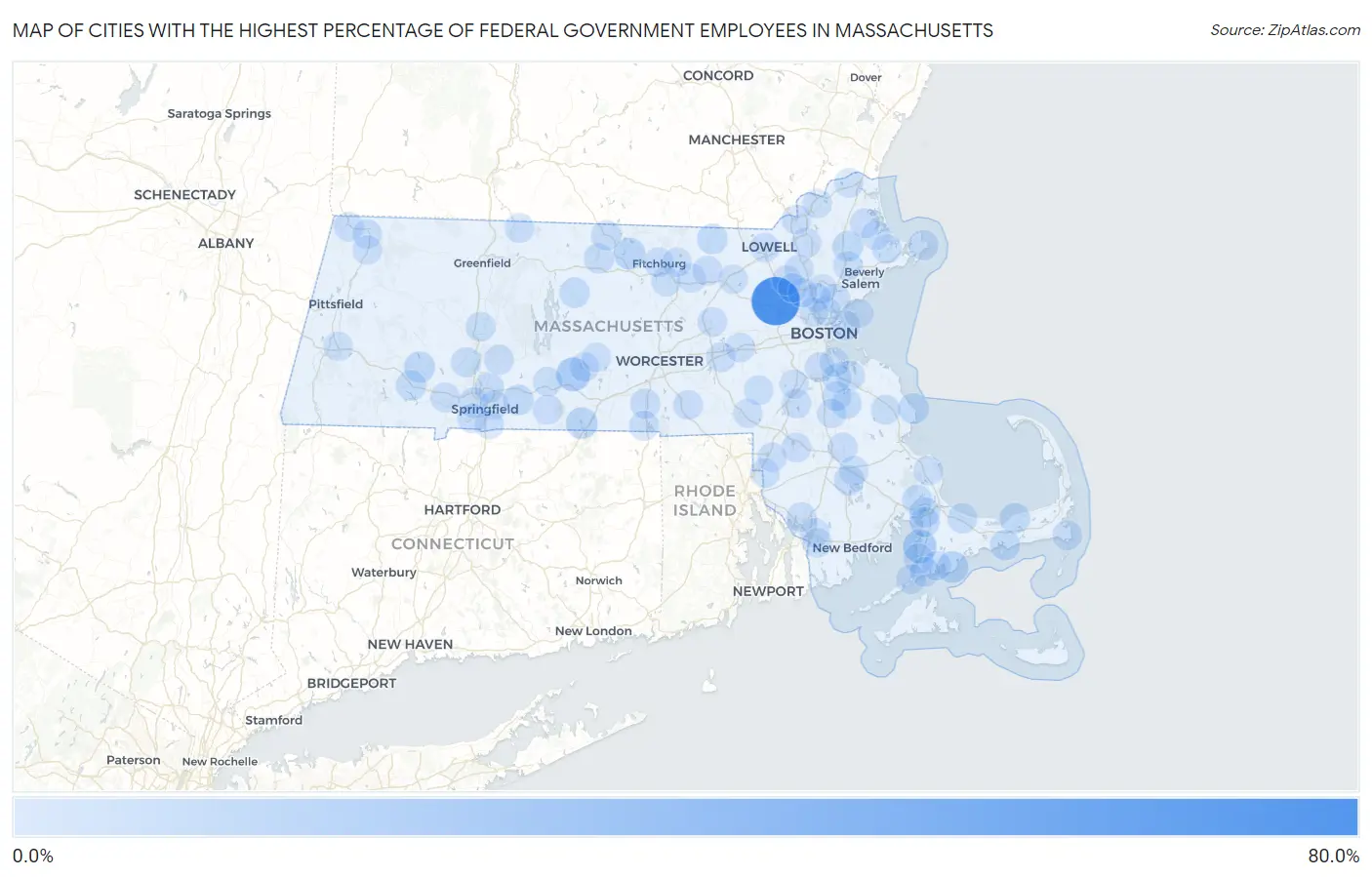 Cities with the Highest Percentage of Federal Government Employees in Massachusetts Map