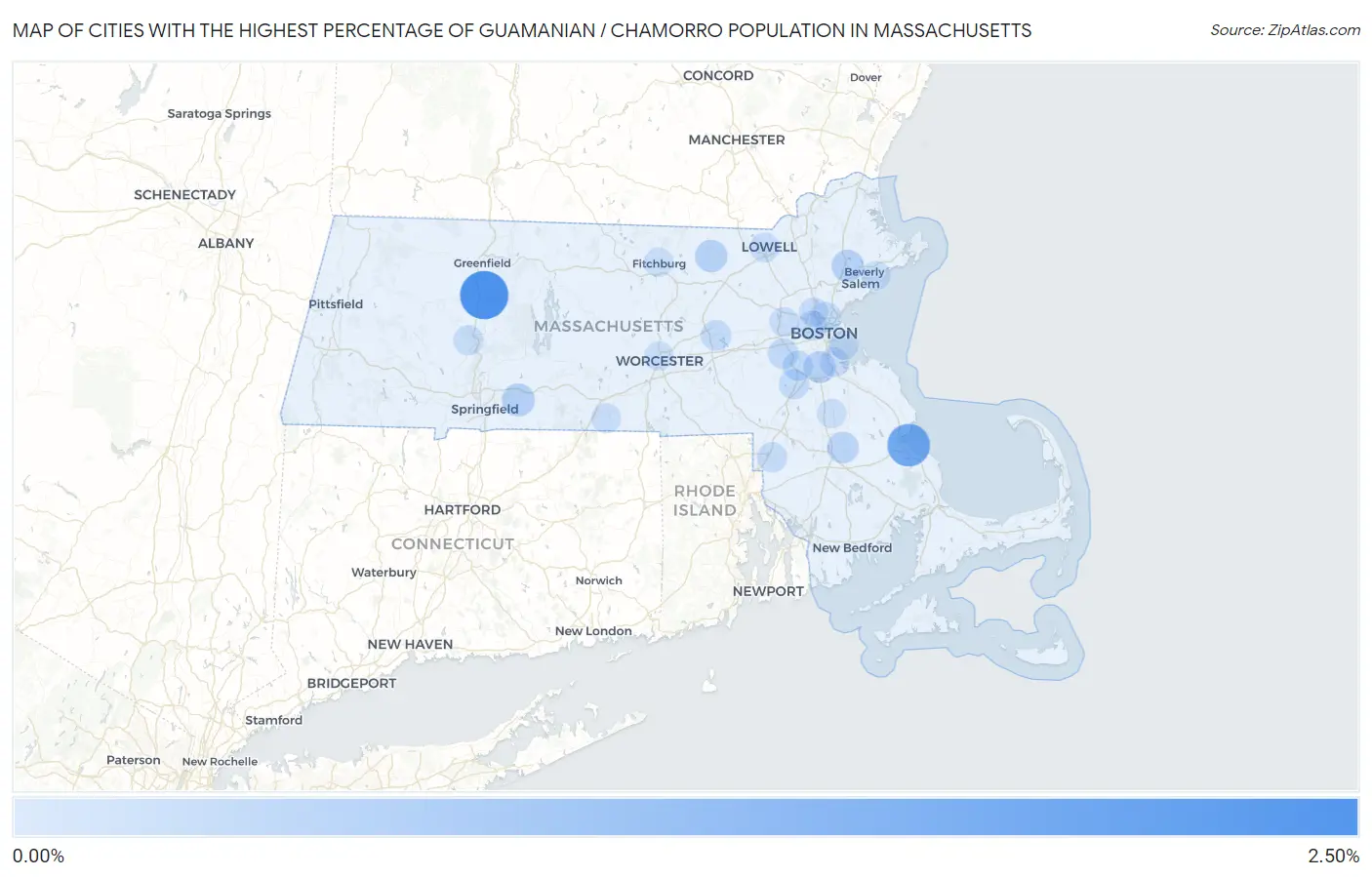 Cities with the Highest Percentage of Guamanian / Chamorro Population in Massachusetts Map