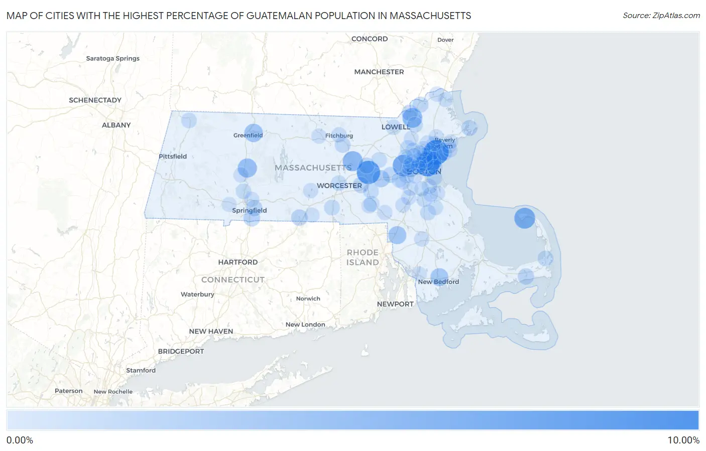 Cities with the Highest Percentage of Guatemalan Population in Massachusetts Map