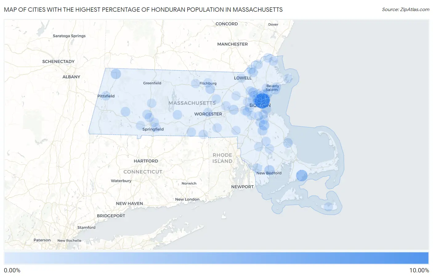 Cities with the Highest Percentage of Honduran Population in Massachusetts Map