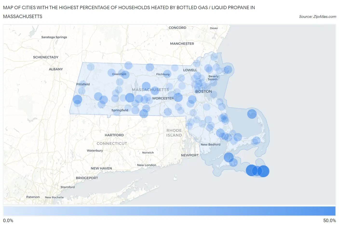 Cities with the Highest Percentage of Households Heated by Bottled Gas / Liquid Propane in Massachusetts Map