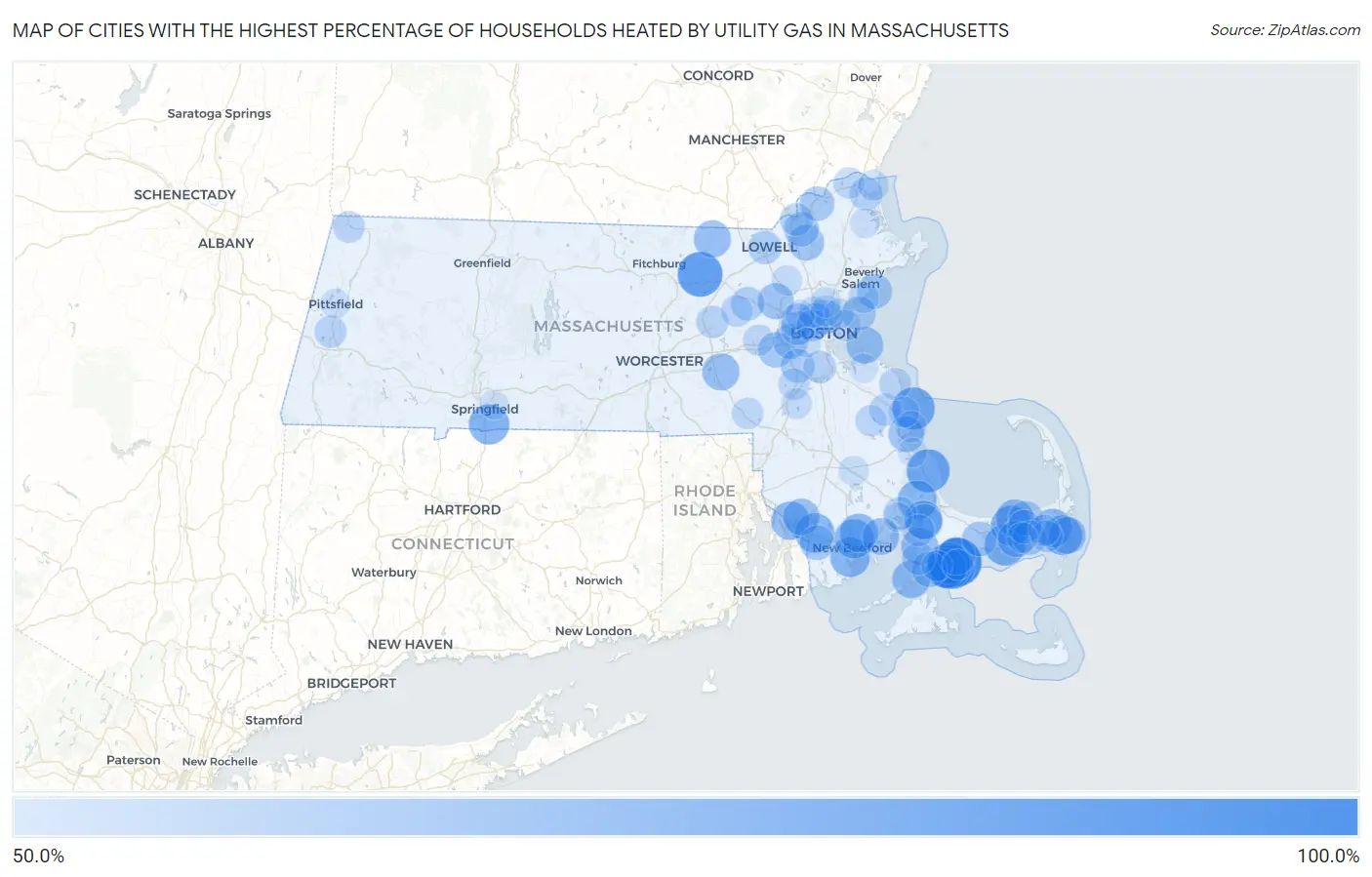 Cities with the Highest Percentage of Households Heated by Utility Gas in Massachusetts Map