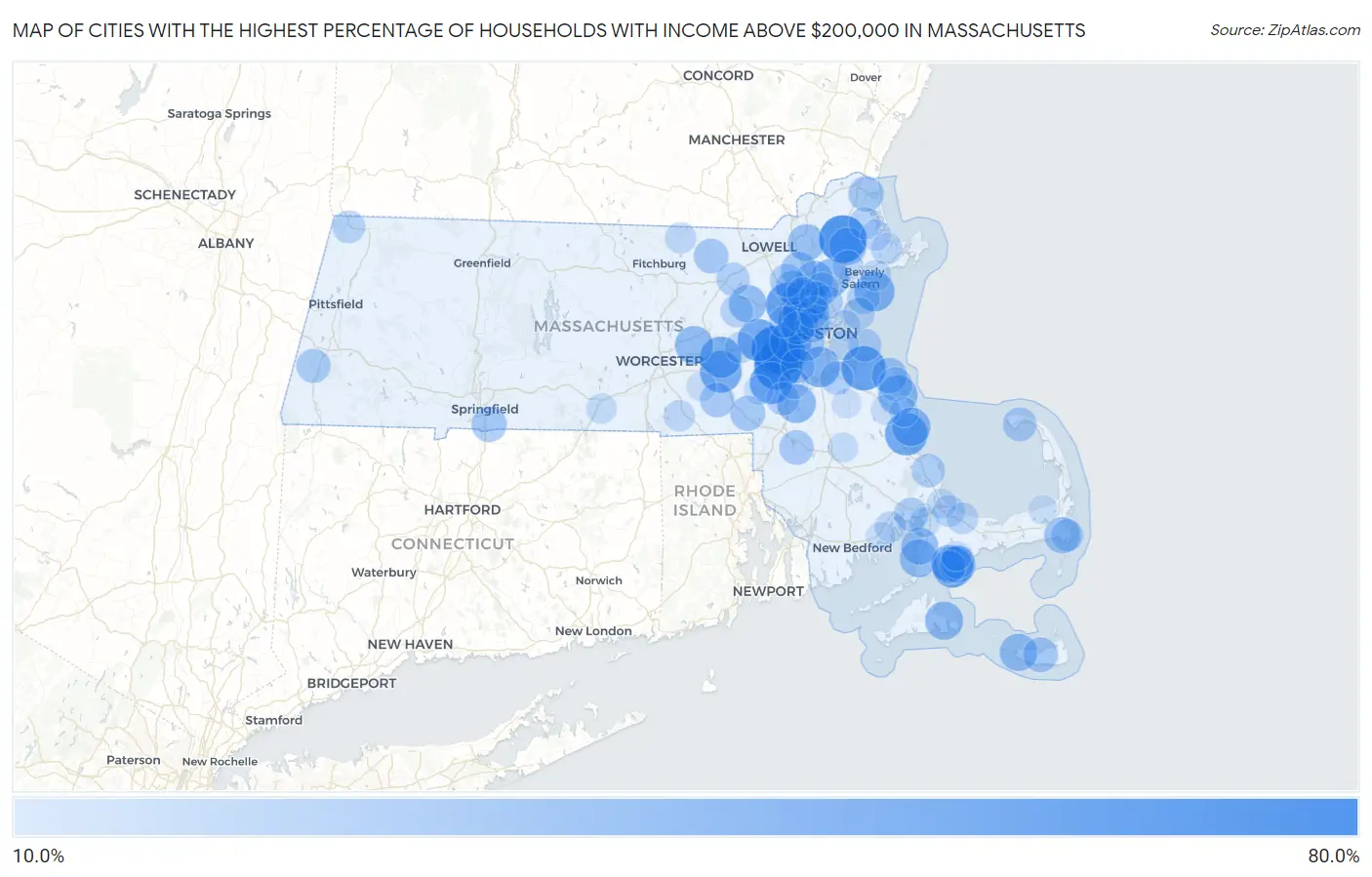 Cities with the Highest Percentage of Households with Income Above $200,000 in Massachusetts Map