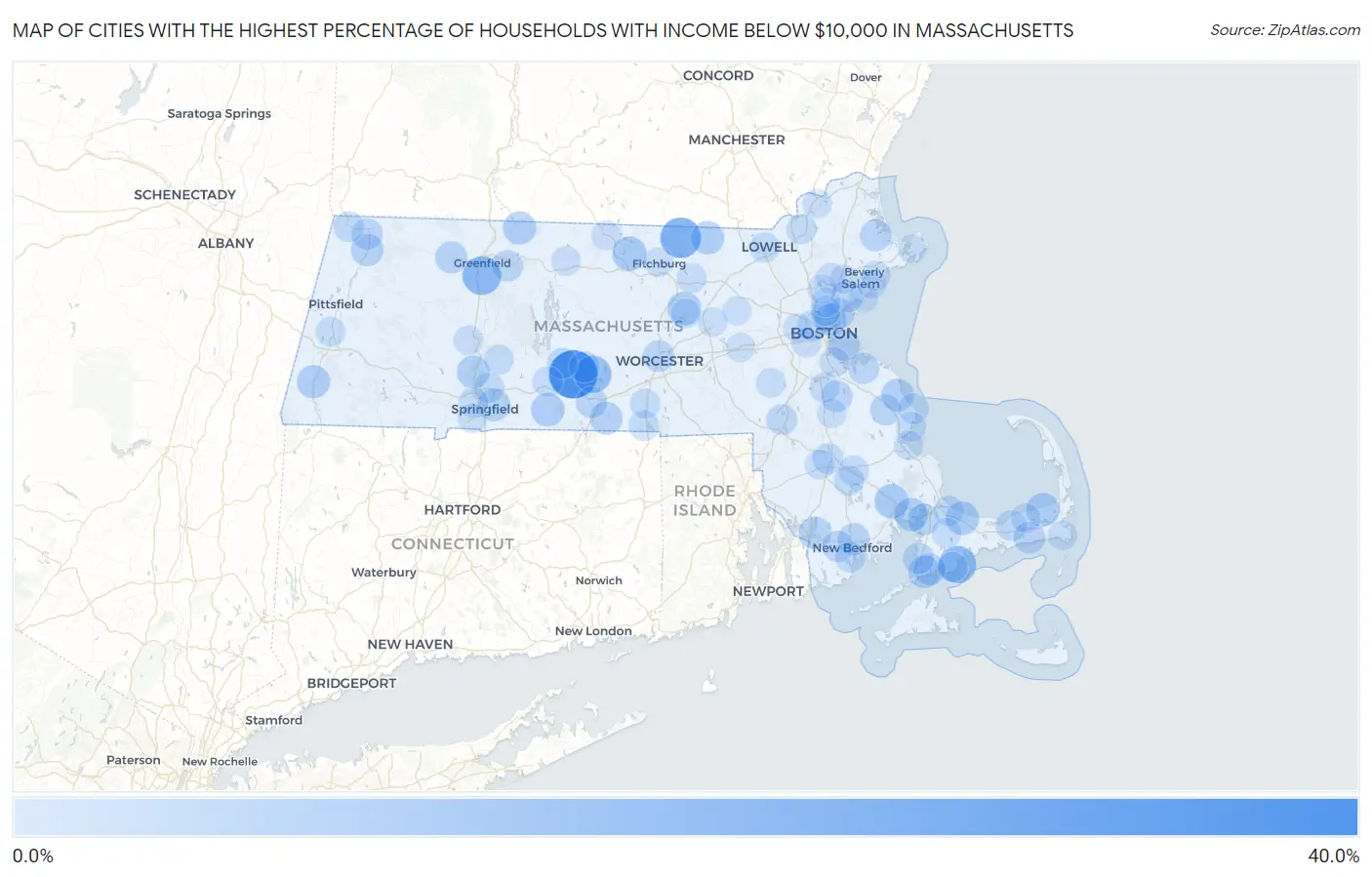 Cities with the Highest Percentage of Households with Income Below $10,000 in Massachusetts Map