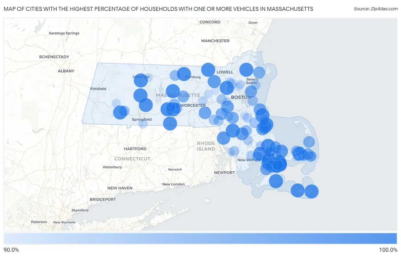 Cities with the Highest Percentage of Households With One or more Vehicles in Massachusetts Map