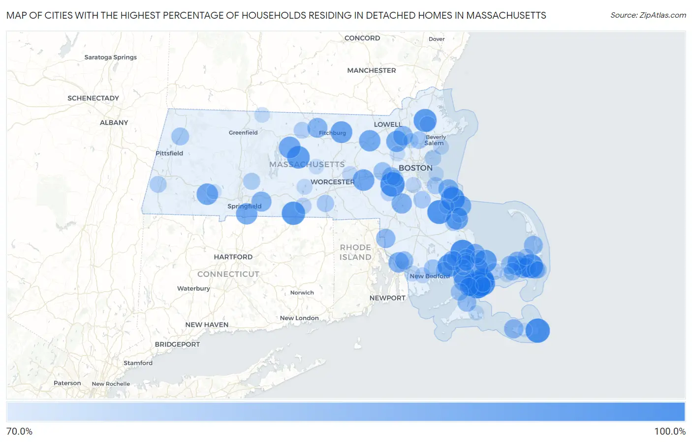 Cities with the Highest Percentage of Households Residing in Detached Homes in Massachusetts Map
