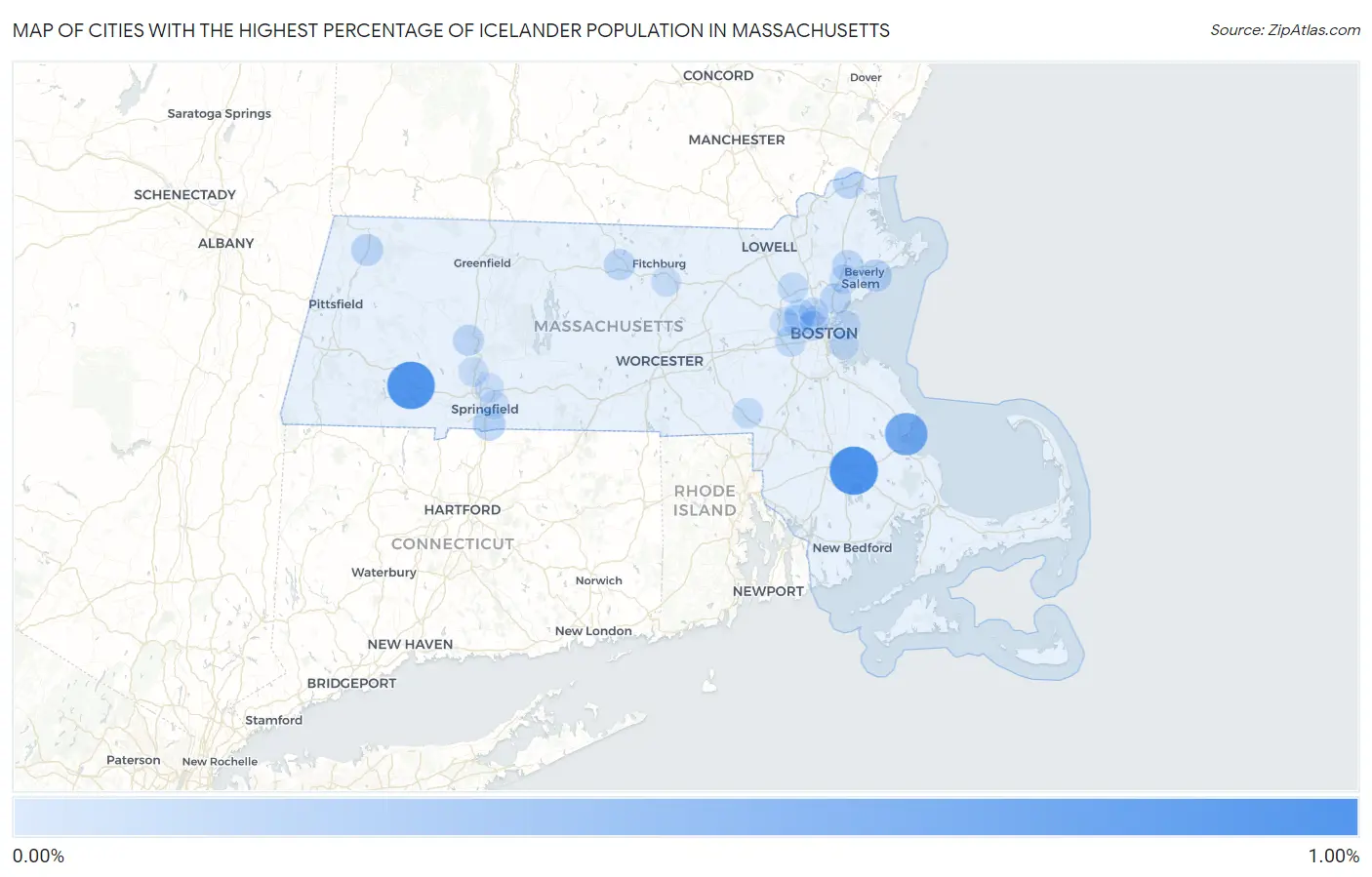 Cities with the Highest Percentage of Icelander Population in Massachusetts Map