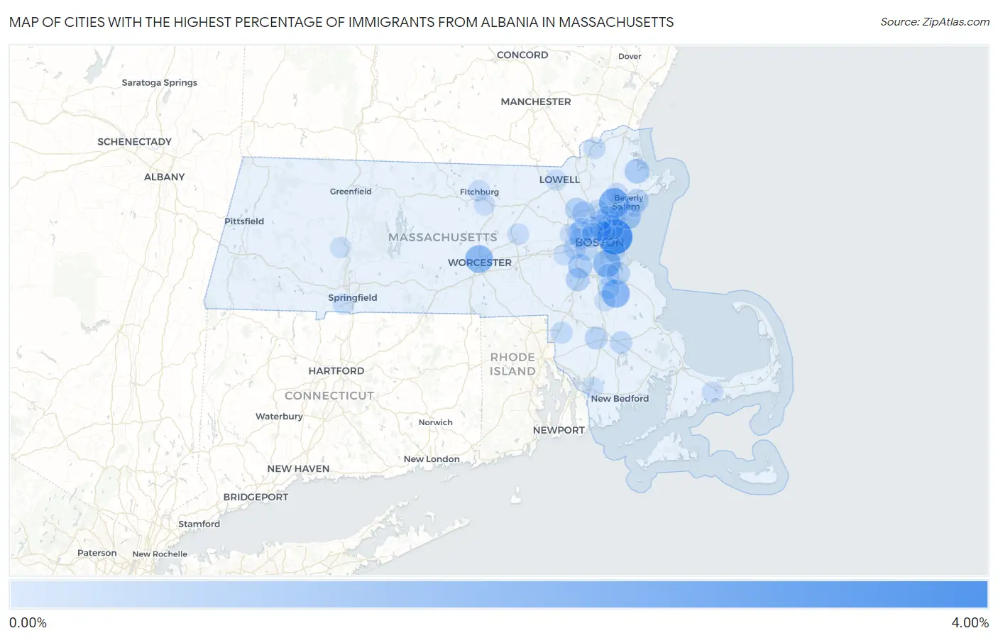Cities with the Highest Percentage of Immigrants from Albania in Massachusetts Map