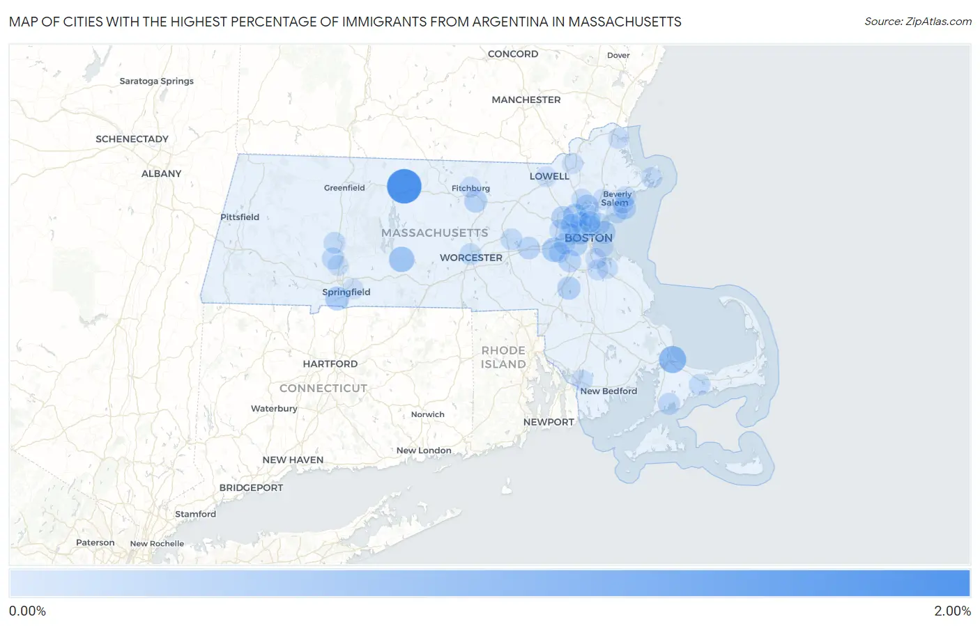 Cities with the Highest Percentage of Immigrants from Argentina in Massachusetts Map
