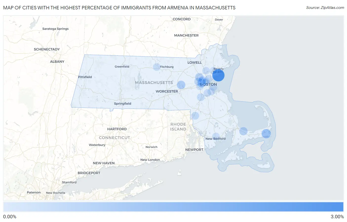 Cities with the Highest Percentage of Immigrants from Armenia in Massachusetts Map