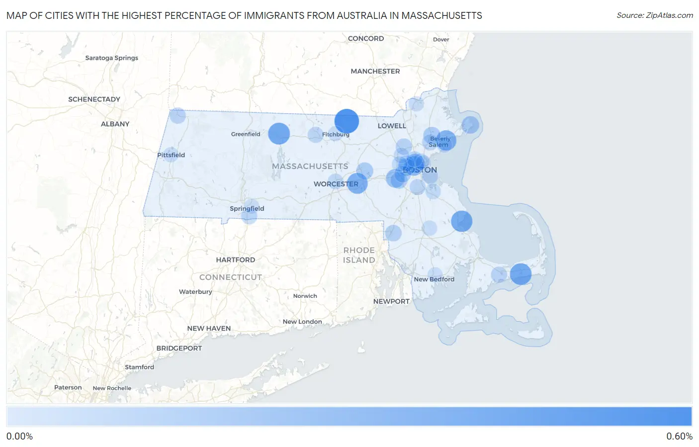 Cities with the Highest Percentage of Immigrants from Australia in Massachusetts Map