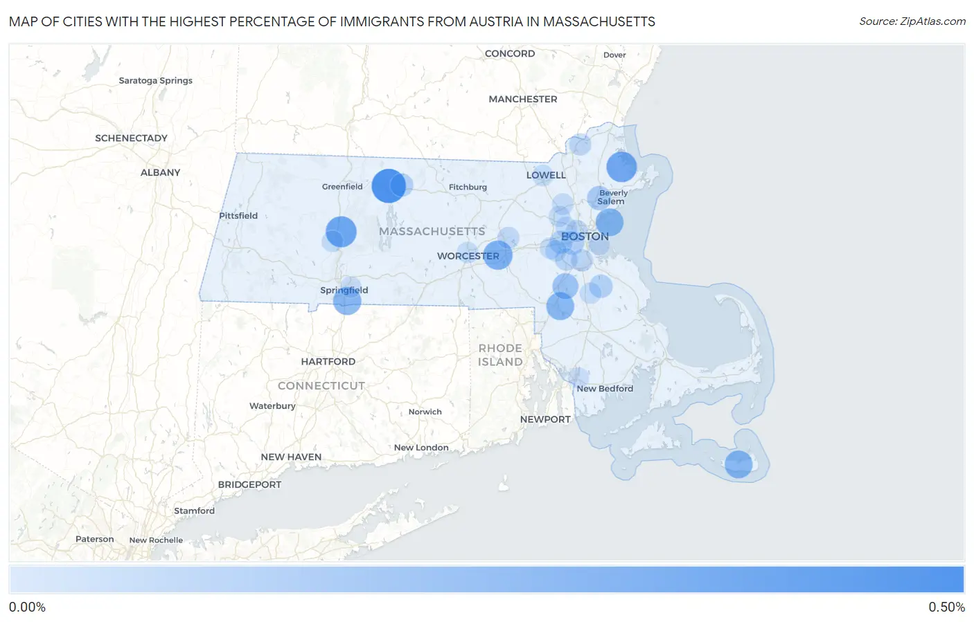 Cities with the Highest Percentage of Immigrants from Austria in Massachusetts Map