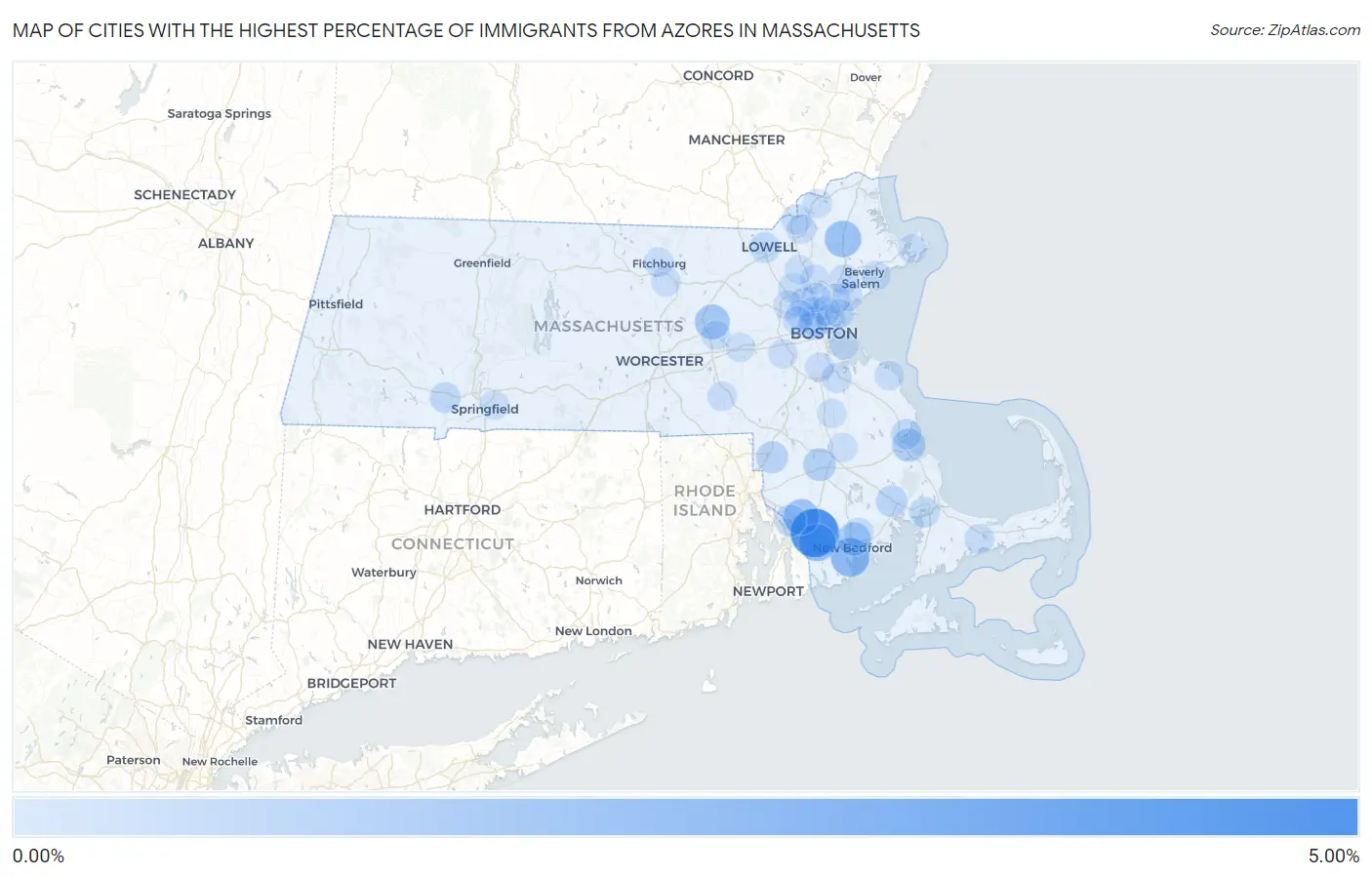 Cities with the Highest Percentage of Immigrants from Azores in Massachusetts Map