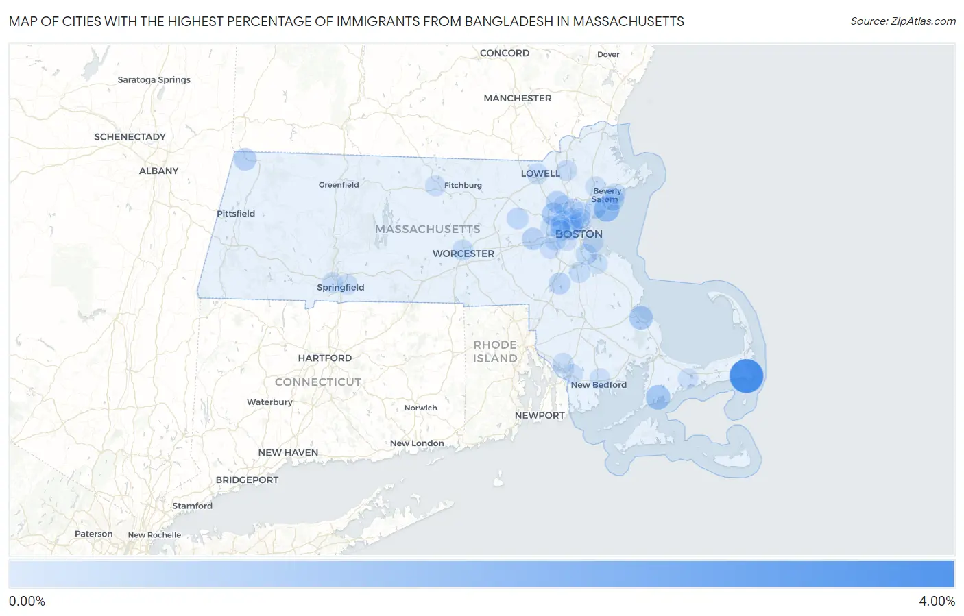 Cities with the Highest Percentage of Immigrants from Bangladesh in Massachusetts Map