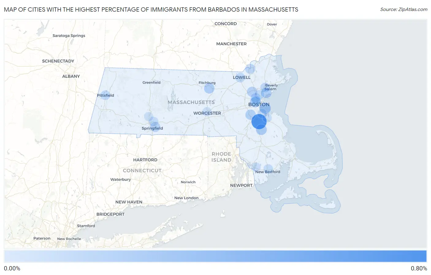 Cities with the Highest Percentage of Immigrants from Barbados in Massachusetts Map