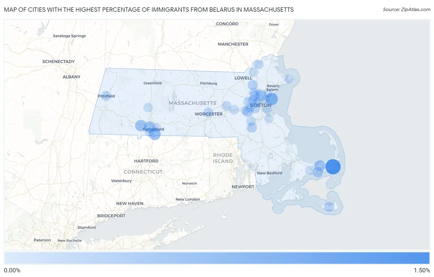 Cities with the Highest Percentage of Immigrants from Belarus in Massachusetts Map