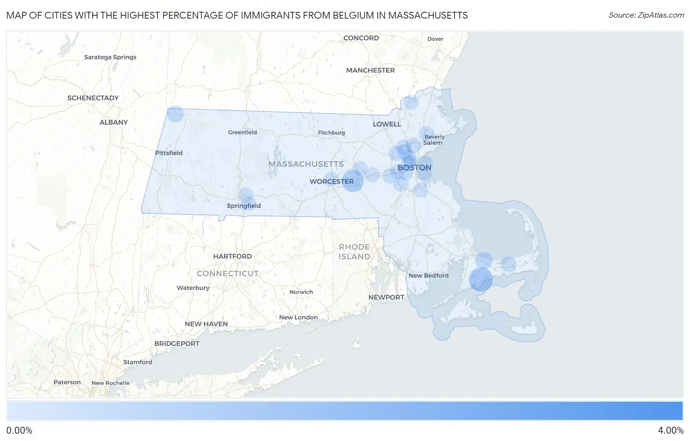 Cities with the Highest Percentage of Immigrants from Belgium in Massachusetts Map