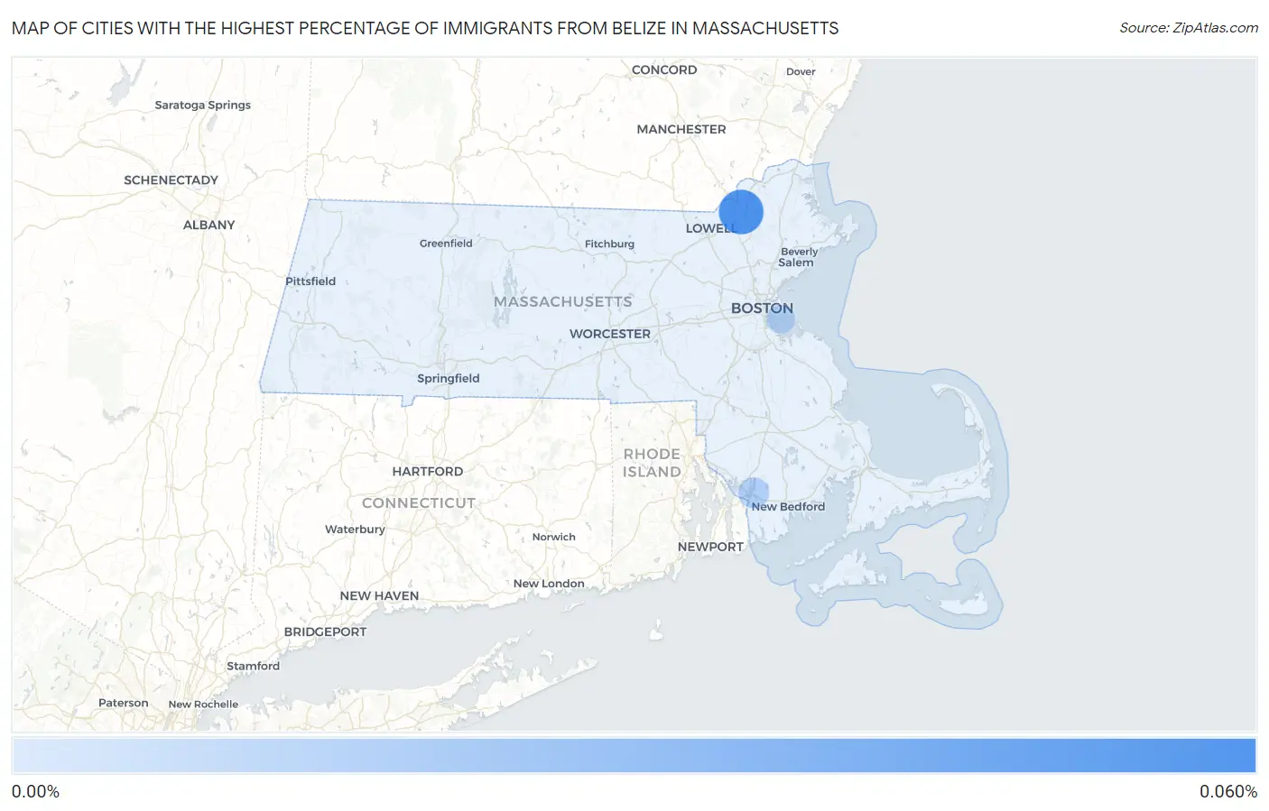 Cities with the Highest Percentage of Immigrants from Belize in Massachusetts Map